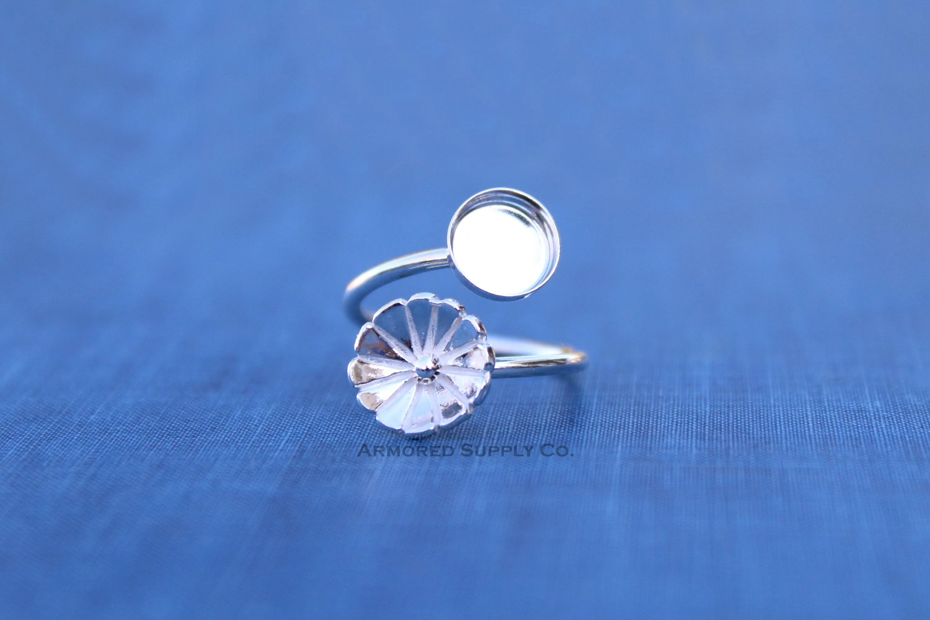 12mm Bezel Silver Flower Wrap Bypass Adjustable Ring blank