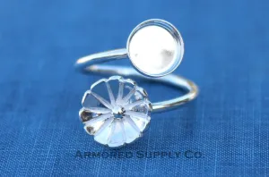 12mm Bezel Silver Flower Wrap Bypass Adjustable Ring blank
