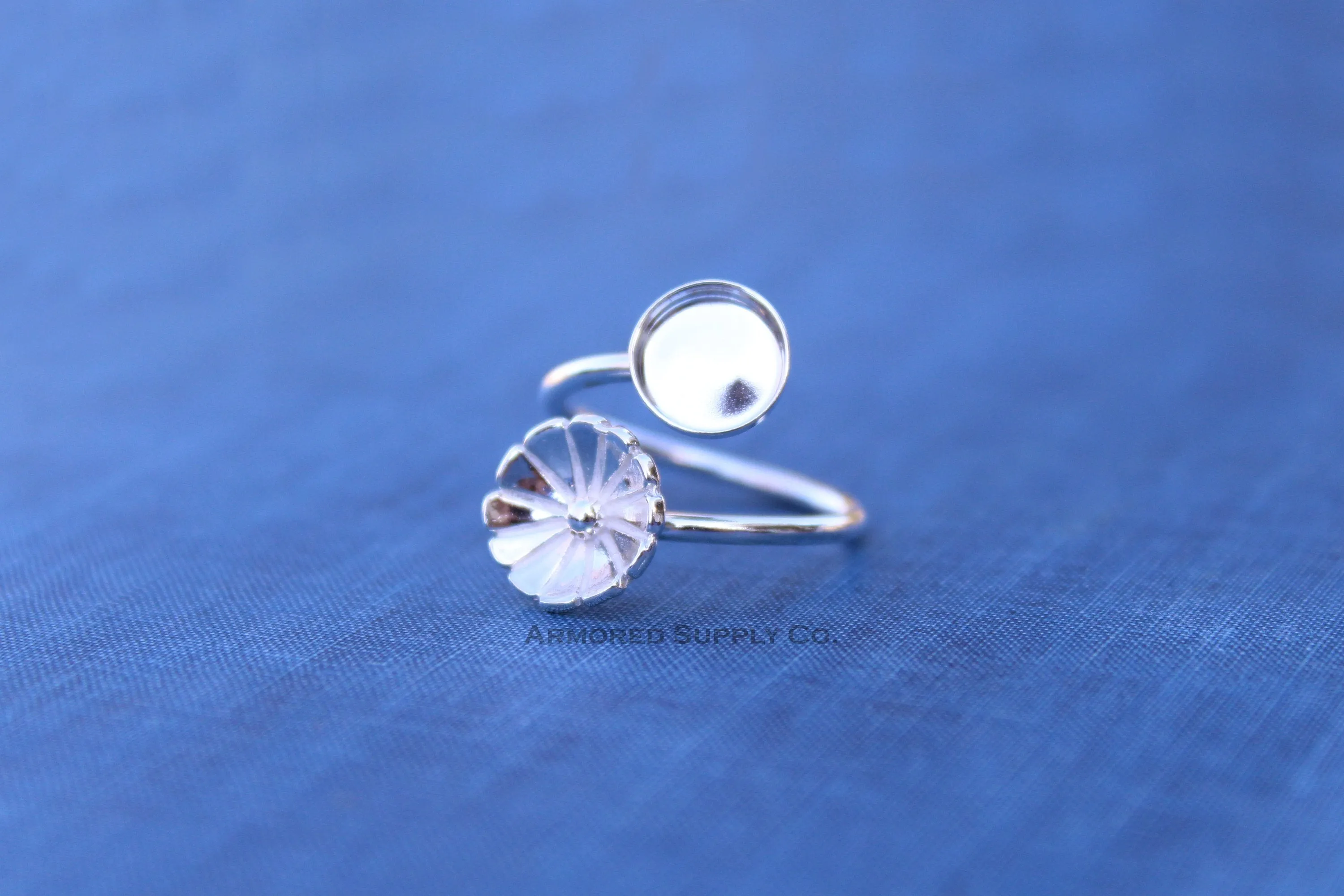 12mm Bezel Silver Flower Wrap Bypass Adjustable Ring blank
