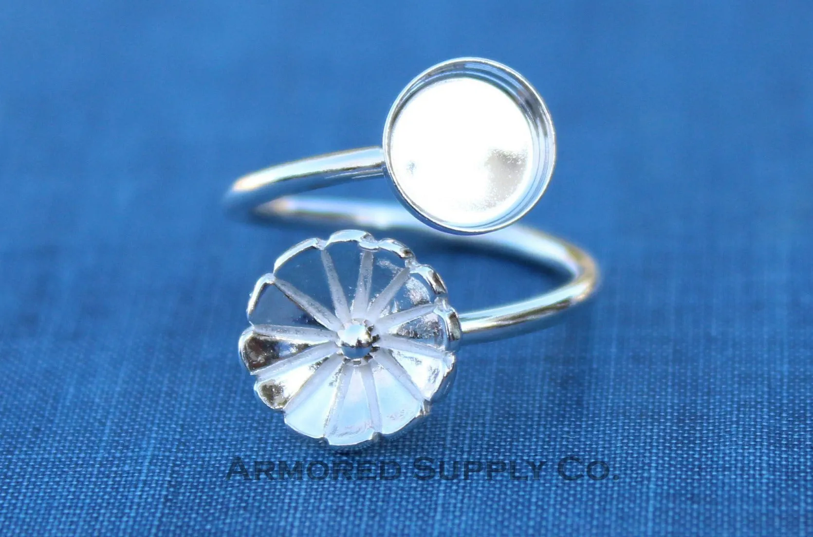 12mm Bezel Silver Flower Wrap Bypass Adjustable Ring blank