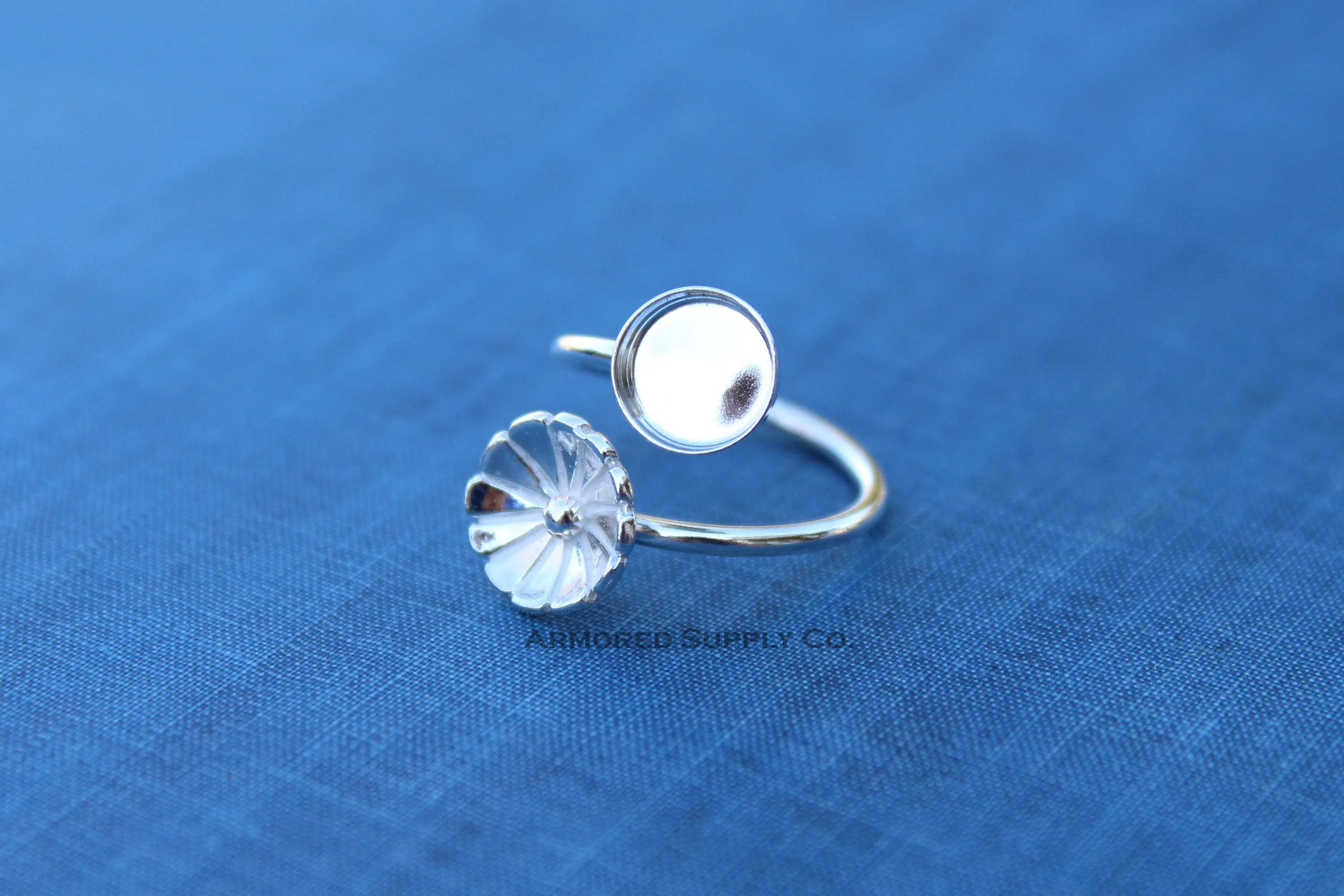 12mm Bezel Silver Flower Wrap Bypass Adjustable Ring blank