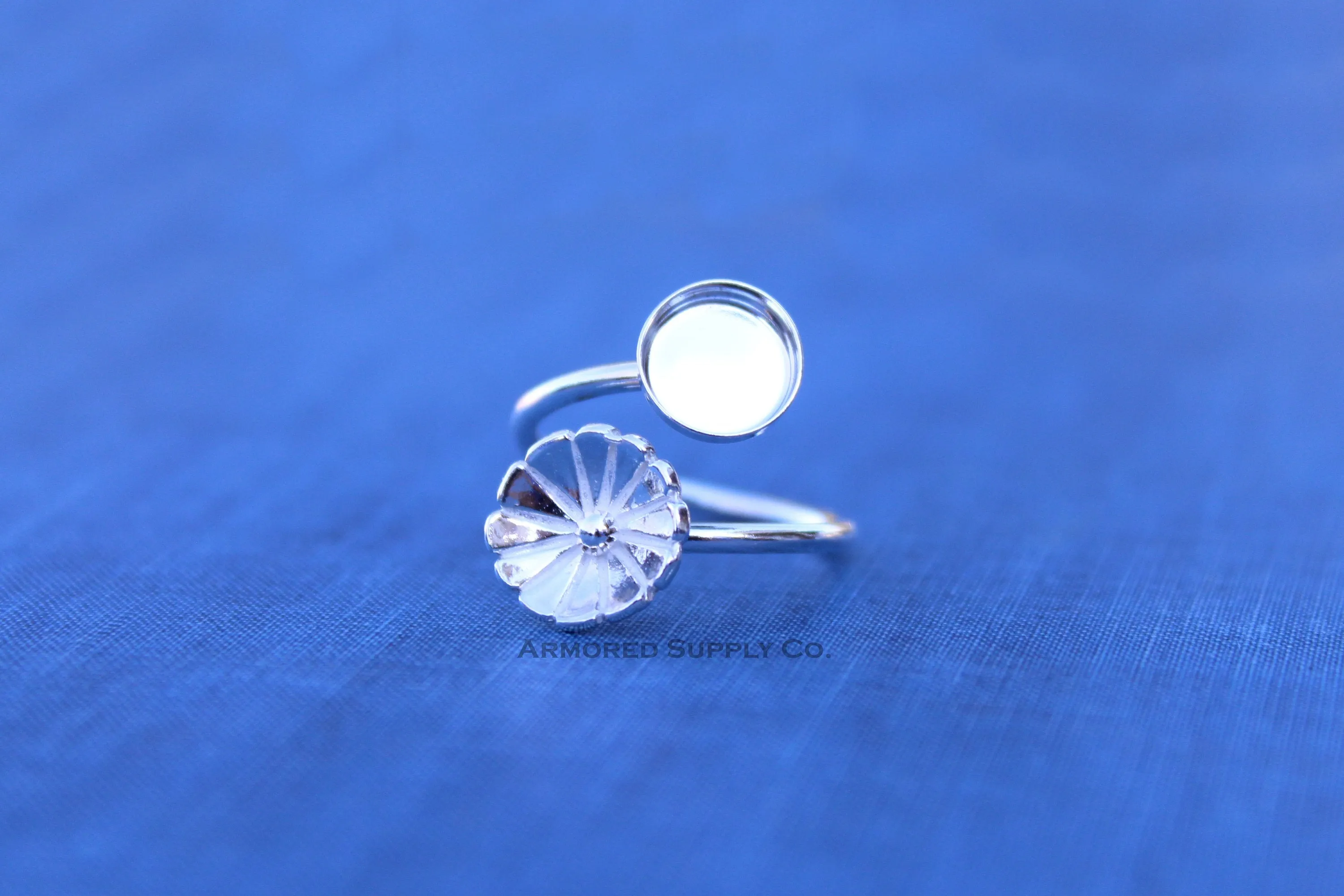 12mm Bezel Silver Flower Wrap Bypass Adjustable Ring blank