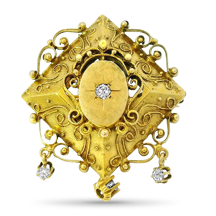 14k Yellow Gold Victorian Diamond Filigree Brooch/Pendant