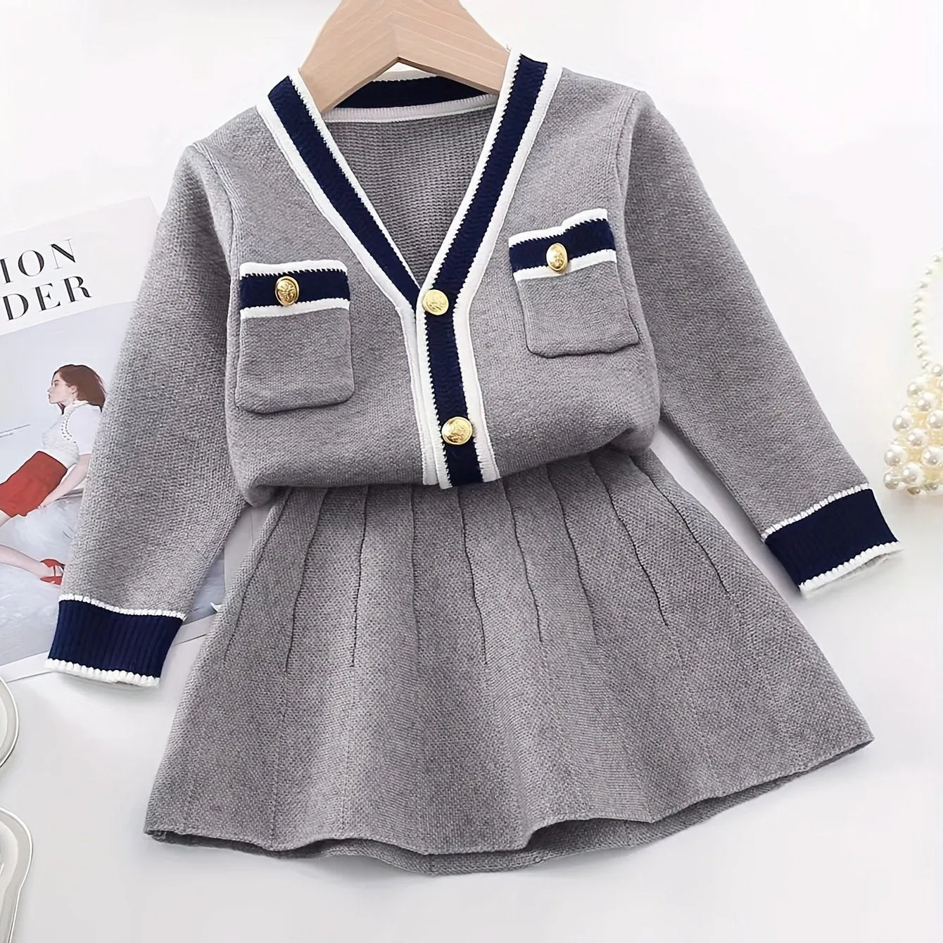 2-Piece Girls Preppy Chic Cable Knit Cardigan and Skirt Set - Soft V-Neck Long Sleeve Top with Button Decor, Elegant Casual Outfit for Spring and Autumn, Hand Wash or Dry Clean, Polyester Fabric, Fitted Style