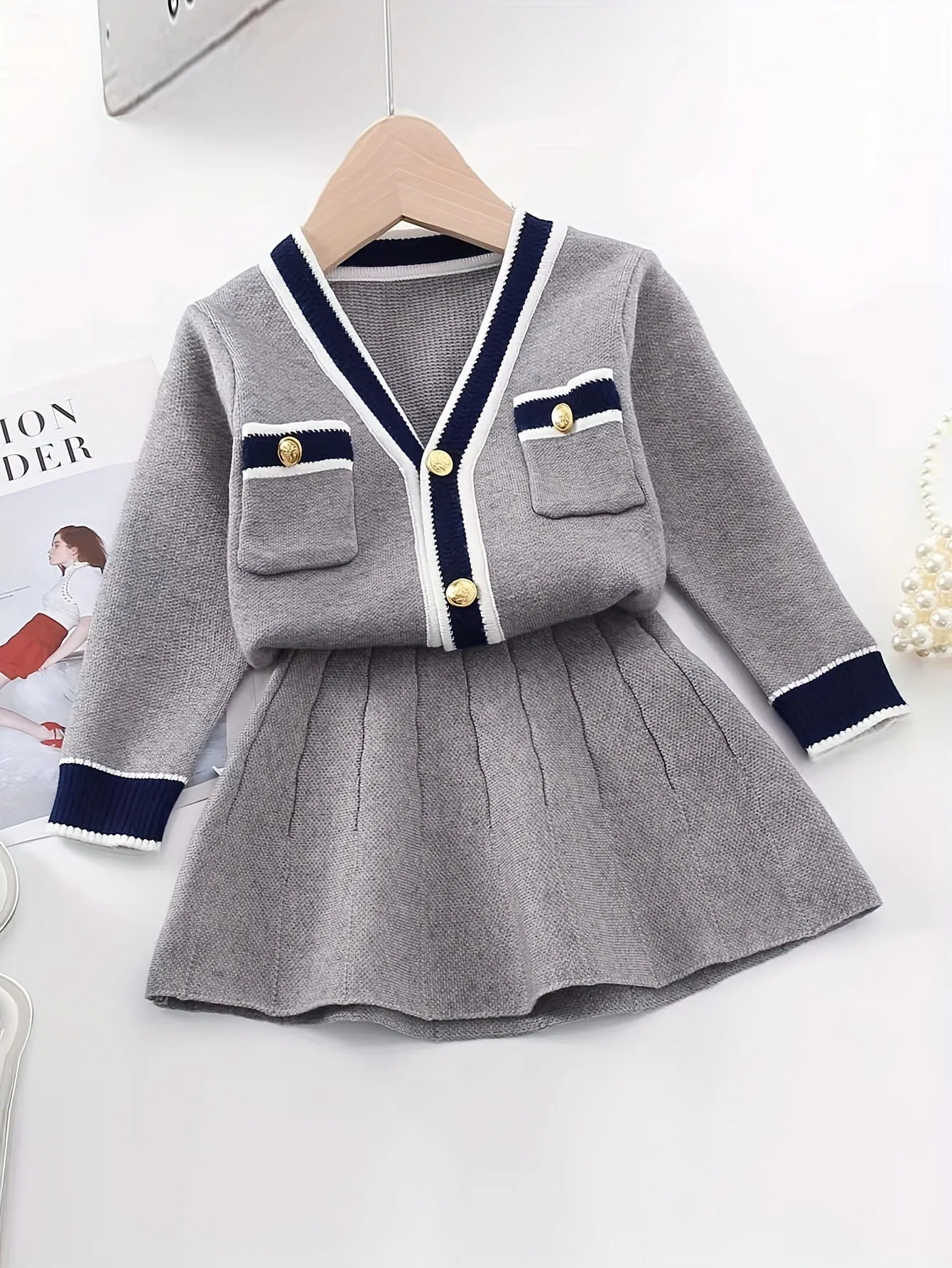 2-Piece Girls Preppy Chic Cable Knit Cardigan and Skirt Set - Soft V-Neck Long Sleeve Top with Button Decor, Elegant Casual Outfit for Spring and Autumn, Hand Wash or Dry Clean, Polyester Fabric, Fitted Style