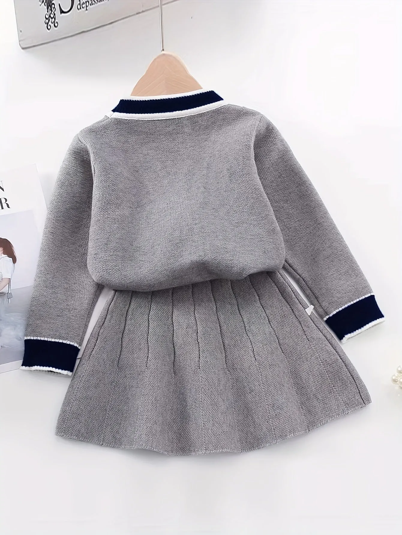 2-Piece Girls Preppy Chic Cable Knit Cardigan and Skirt Set - Soft V-Neck Long Sleeve Top with Button Decor, Elegant Casual Outfit for Spring and Autumn, Hand Wash or Dry Clean, Polyester Fabric, Fitted Style