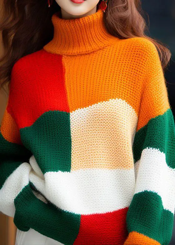 2025 New Colorblock Hign Neck Knit Sweater Tops Spring YY031