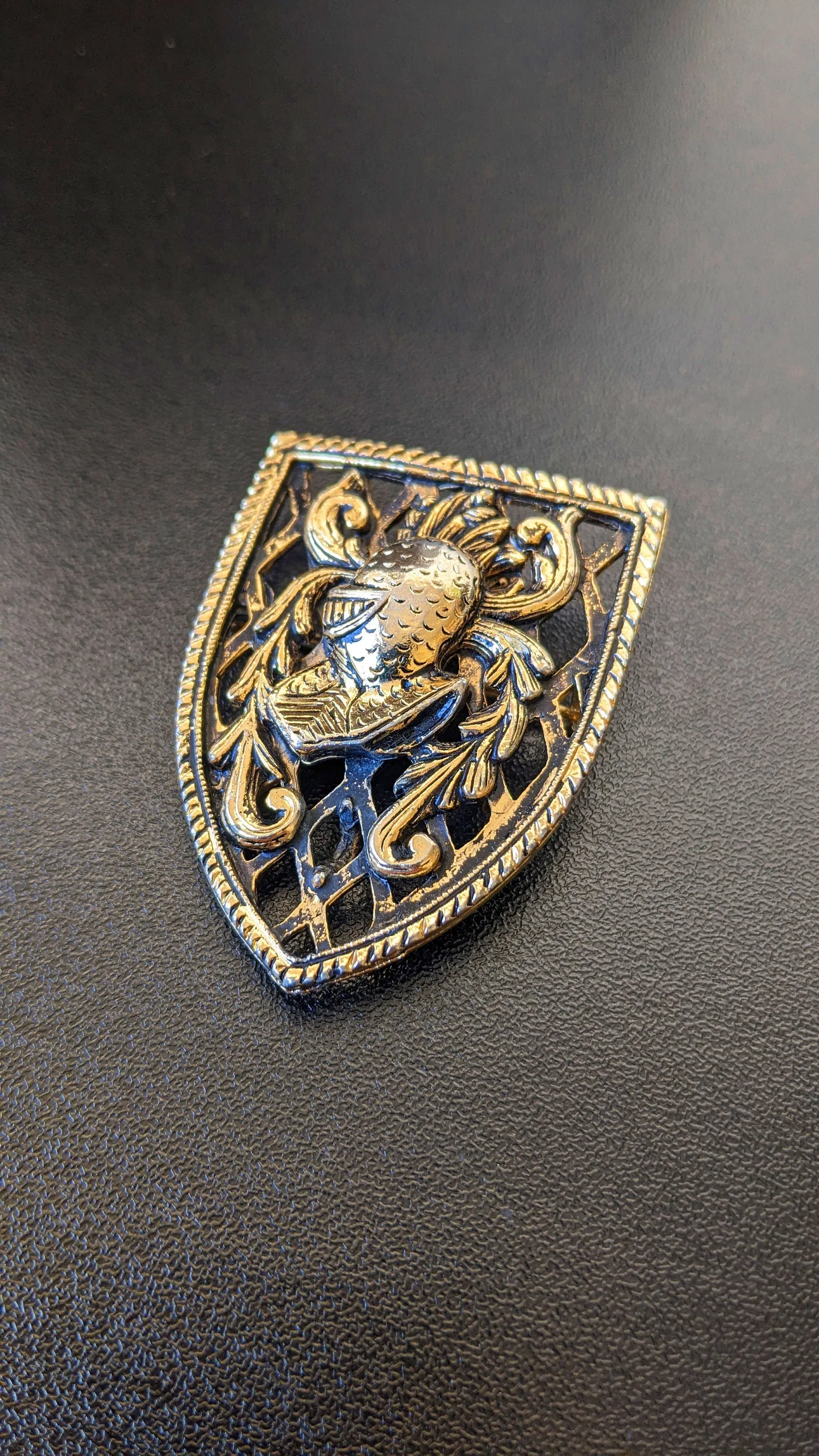 60s Heraldic Knight Brooch by Alucraft, Medieval Shield Pin