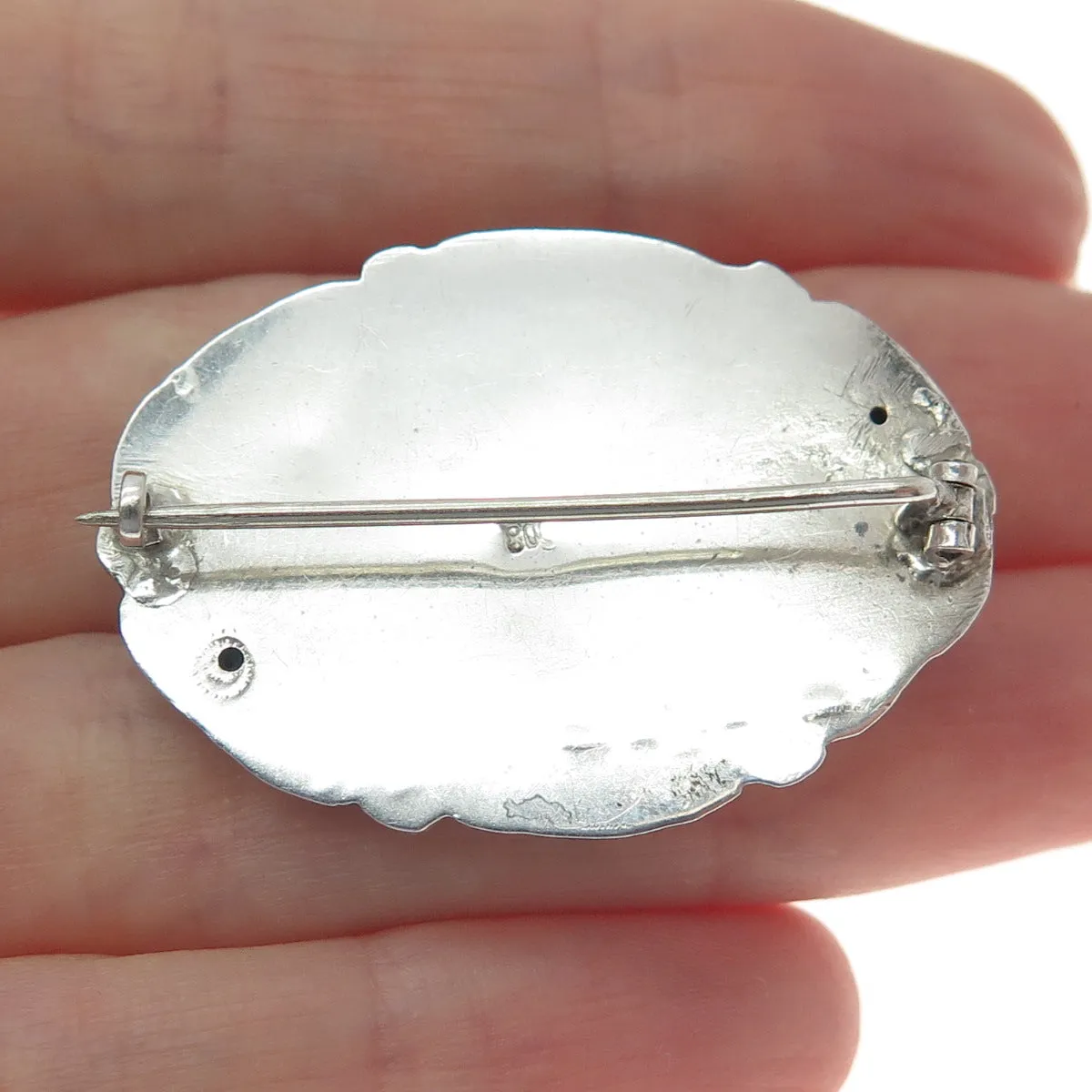 800 Silver Antique Art Deco Forget Me Knot Flower Oxidized Pin Brooch