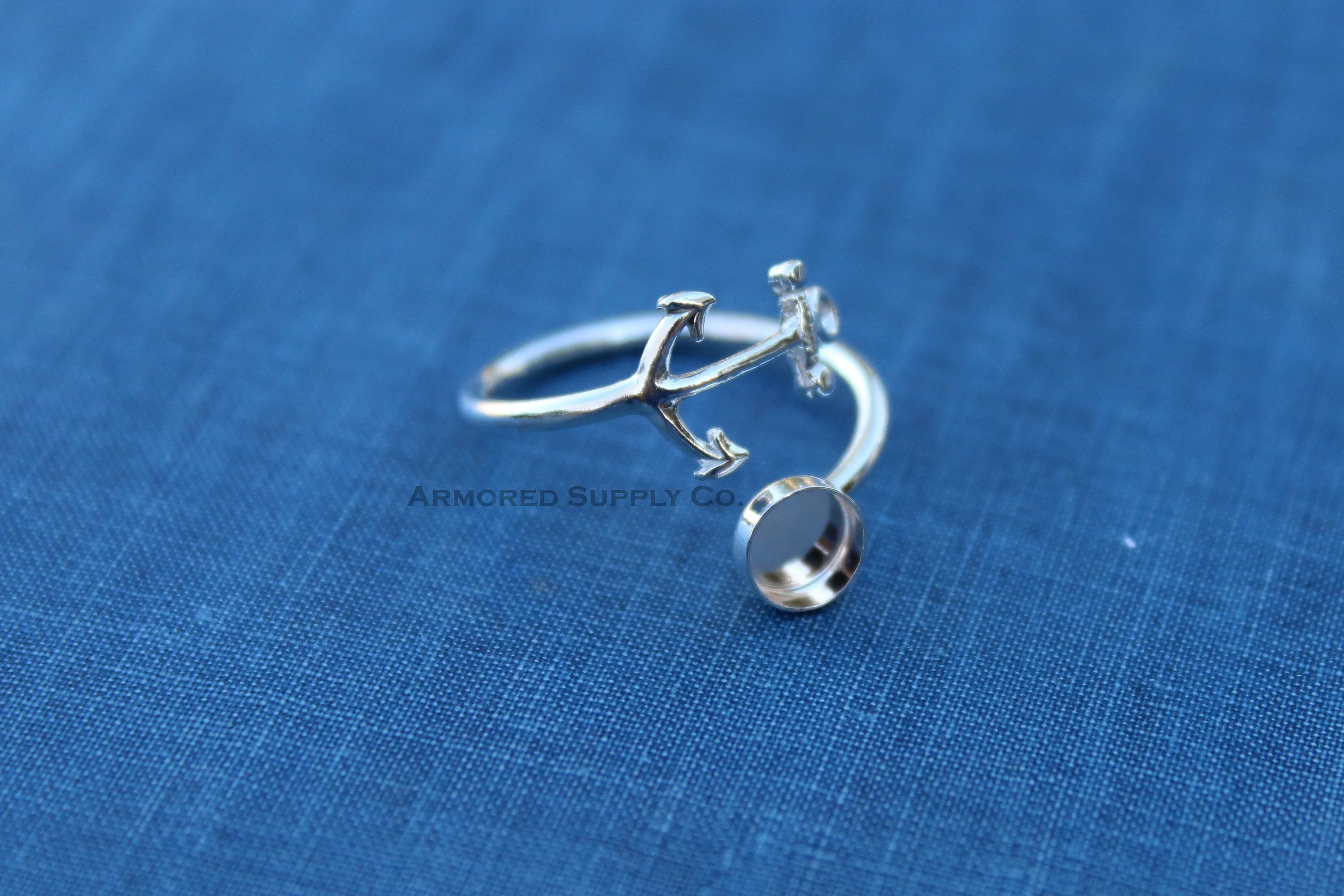 8mm Silver Anchor Wrap Bypass Adjustable Bezel Ring blank