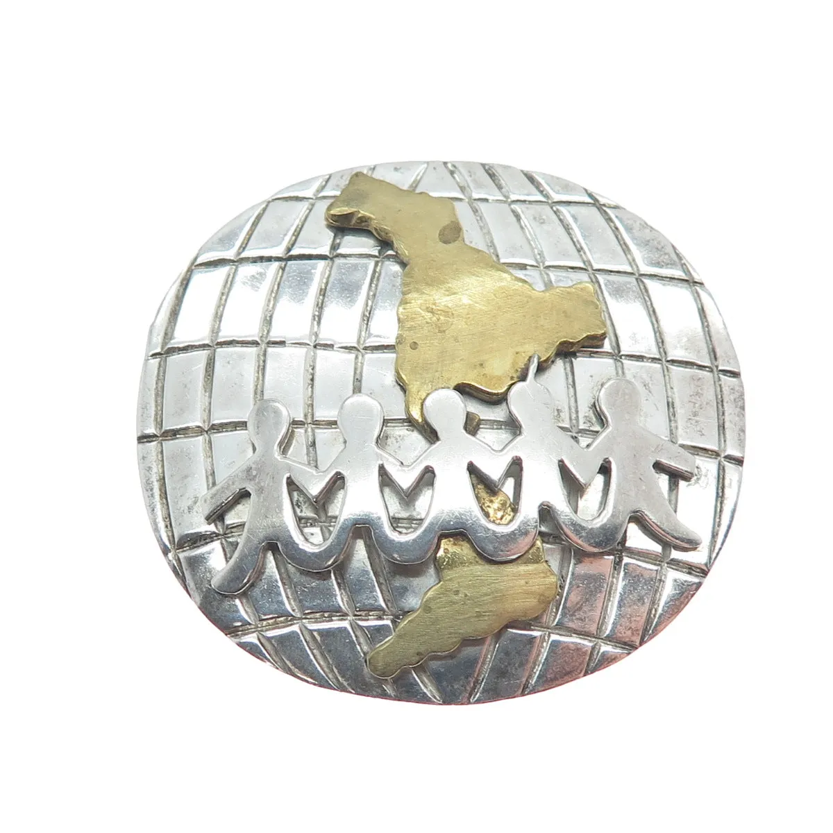 925 Sterling Silver 2-Tone Vintage Mexico Kids Holding Hands Globe Pin Brooch
