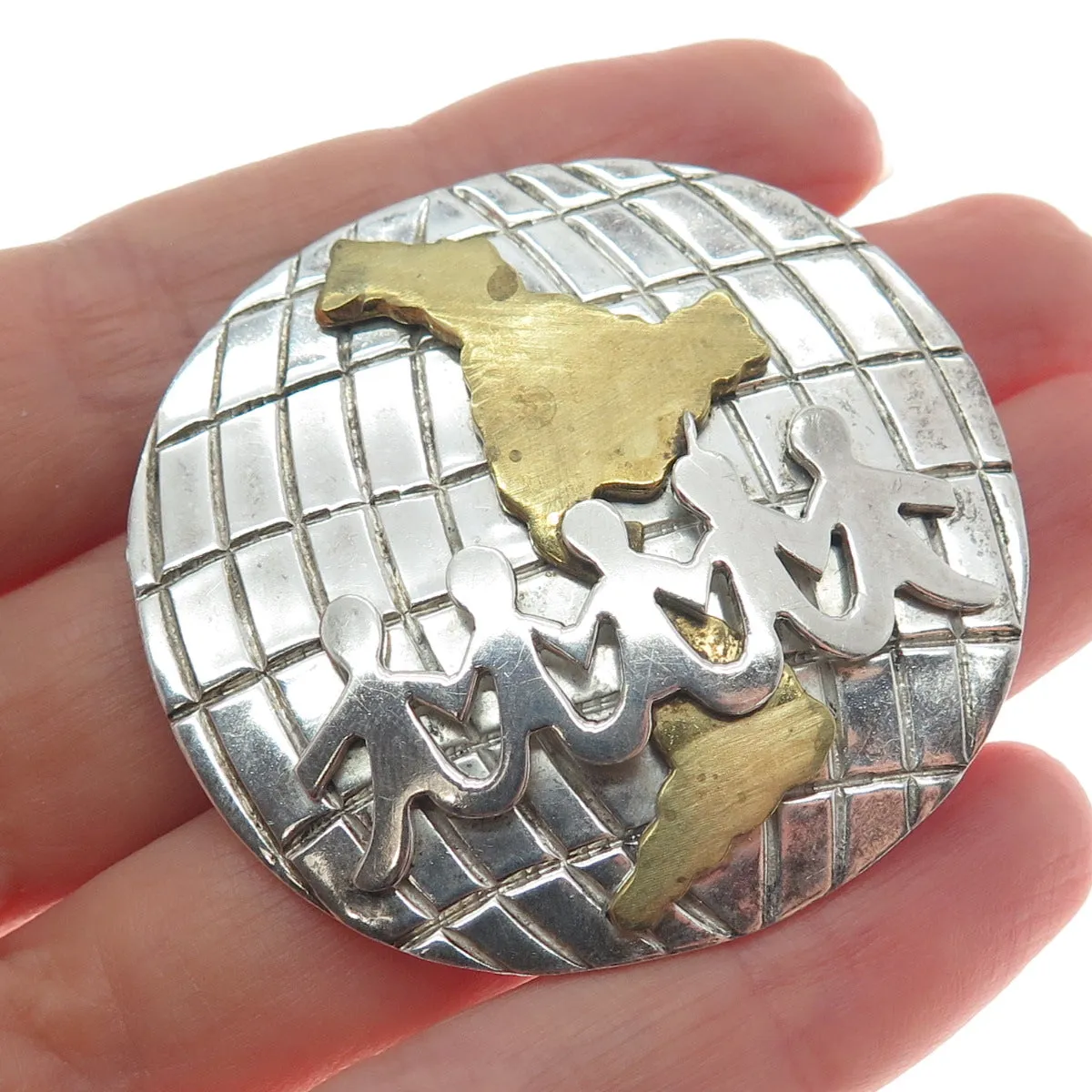 925 Sterling Silver 2-Tone Vintage Mexico Kids Holding Hands Globe Pin Brooch