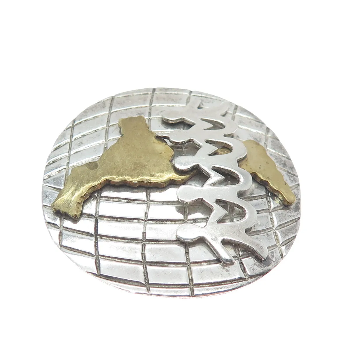 925 Sterling Silver 2-Tone Vintage Mexico Kids Holding Hands Globe Pin Brooch