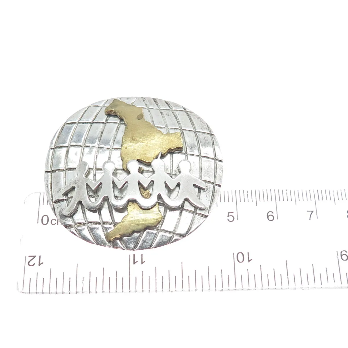 925 Sterling Silver 2-Tone Vintage Mexico Kids Holding Hands Globe Pin Brooch