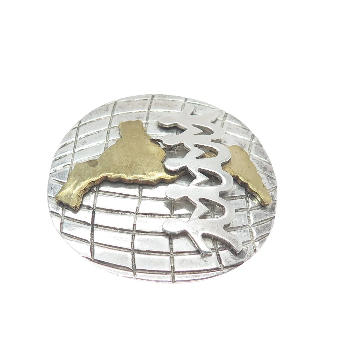 925 Sterling Silver 2-Tone Vintage Mexico Kids Holding Hands Globe Pin Brooch