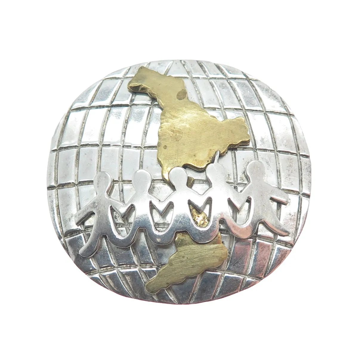 925 Sterling Silver 2-Tone Vintage Mexico Kids Holding Hands Globe Pin Brooch