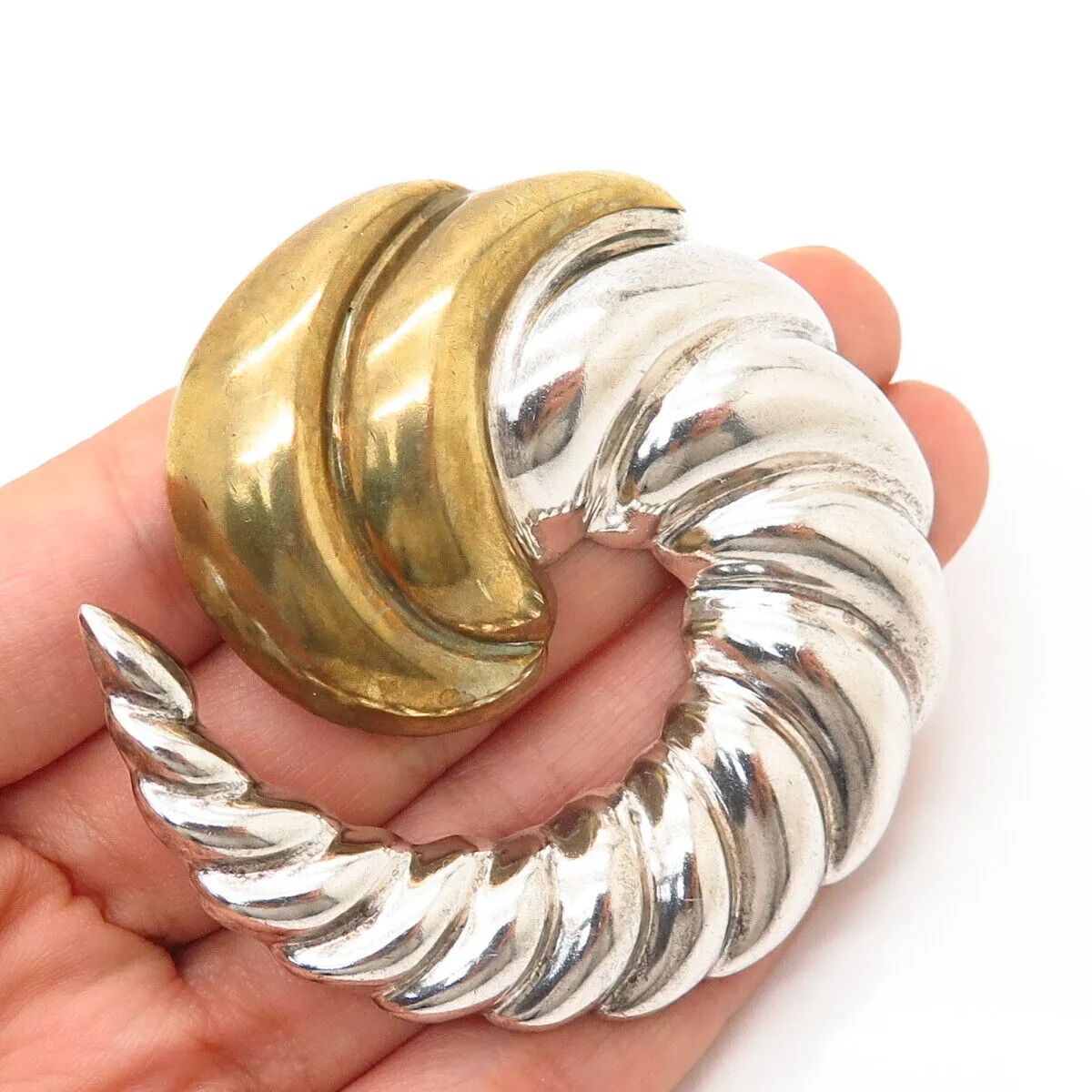 925 Sterling Silver 2-Tone Vintage Mexico Ribbed Horn Pin Brooch / Pendant
