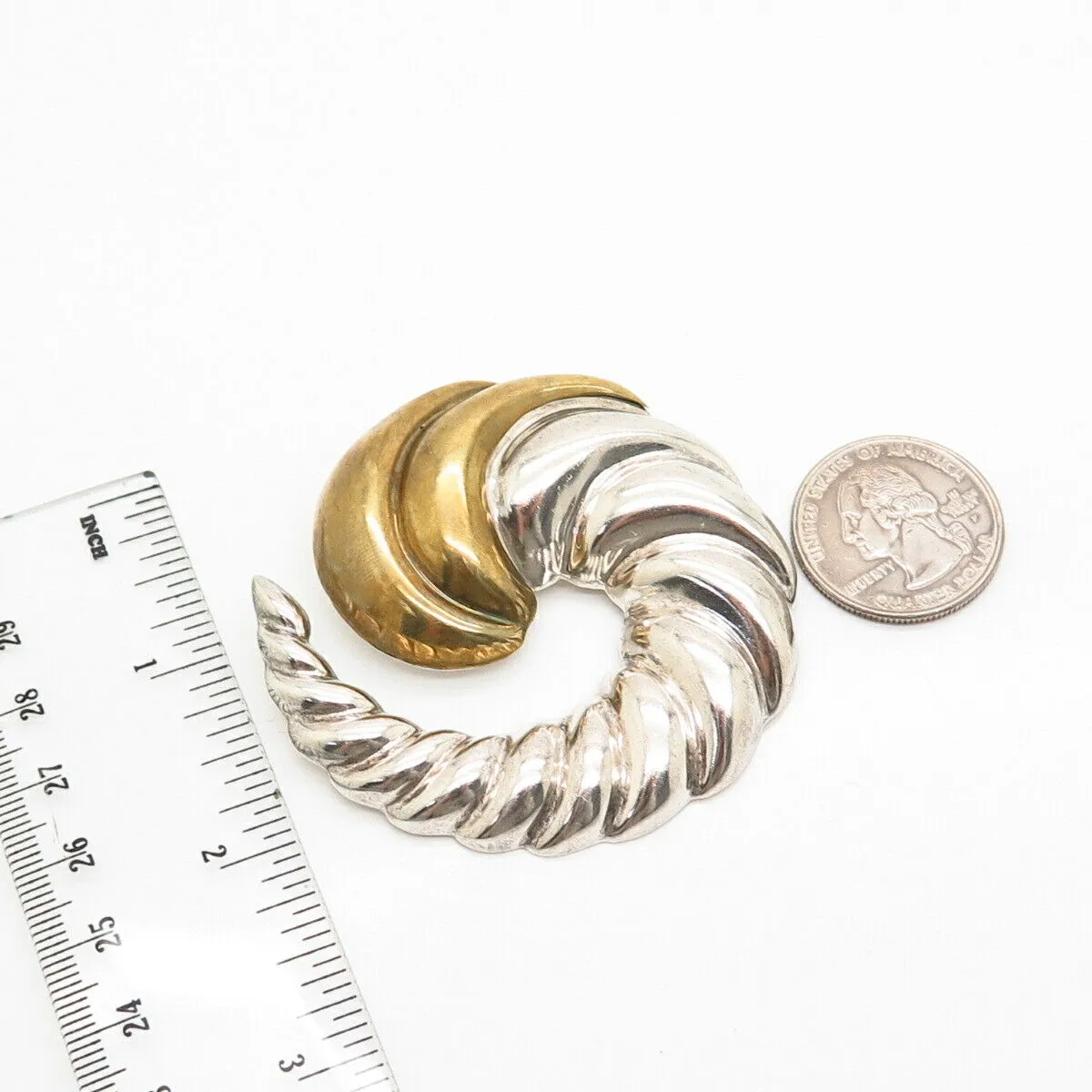 925 Sterling Silver 2-Tone Vintage Mexico Ribbed Horn Pin Brooch / Pendant