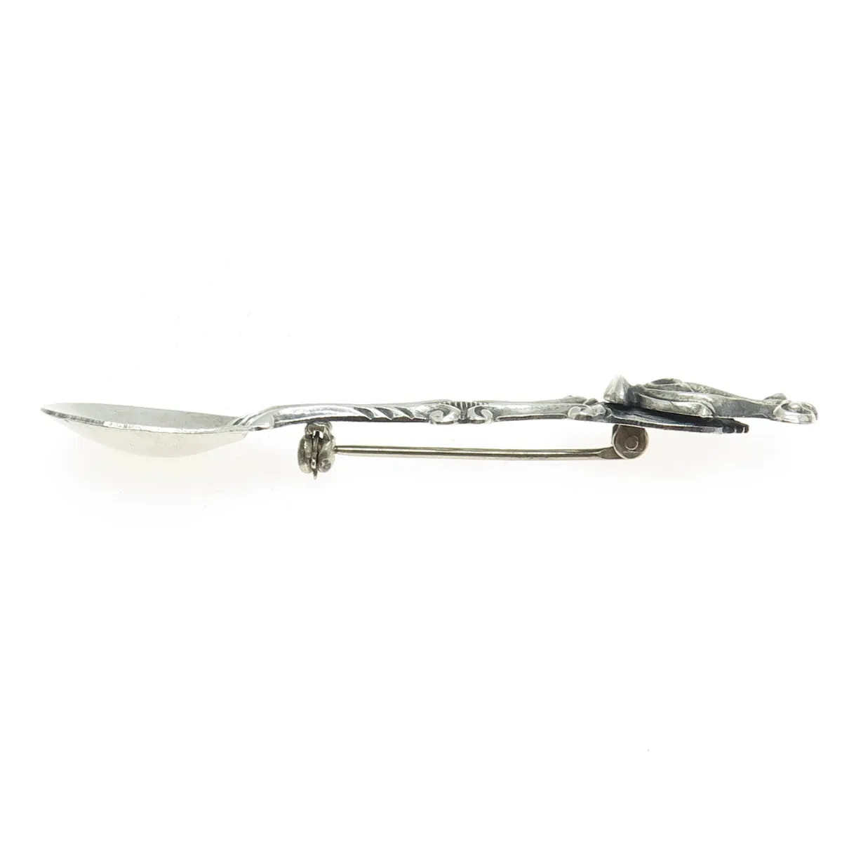 925 Sterling Silver Antique Art Deco Harp Repousse Salt & Spices Spoon Brooch