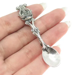 925 Sterling Silver Antique Art Deco Harp Repousse Salt & Spices Spoon Brooch
