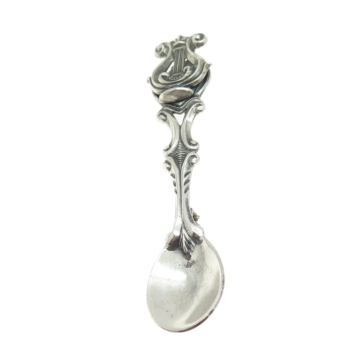 925 Sterling Silver Antique Art Deco Harp Repousse Salt & Spices Spoon Brooch
