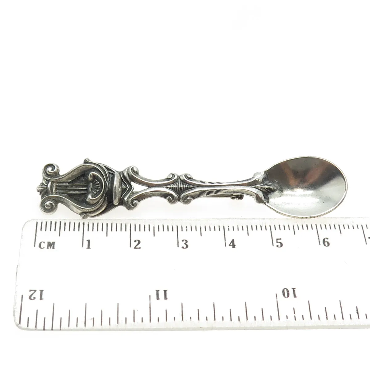 925 Sterling Silver Antique Art Deco Harp Repousse Salt & Spices Spoon Brooch