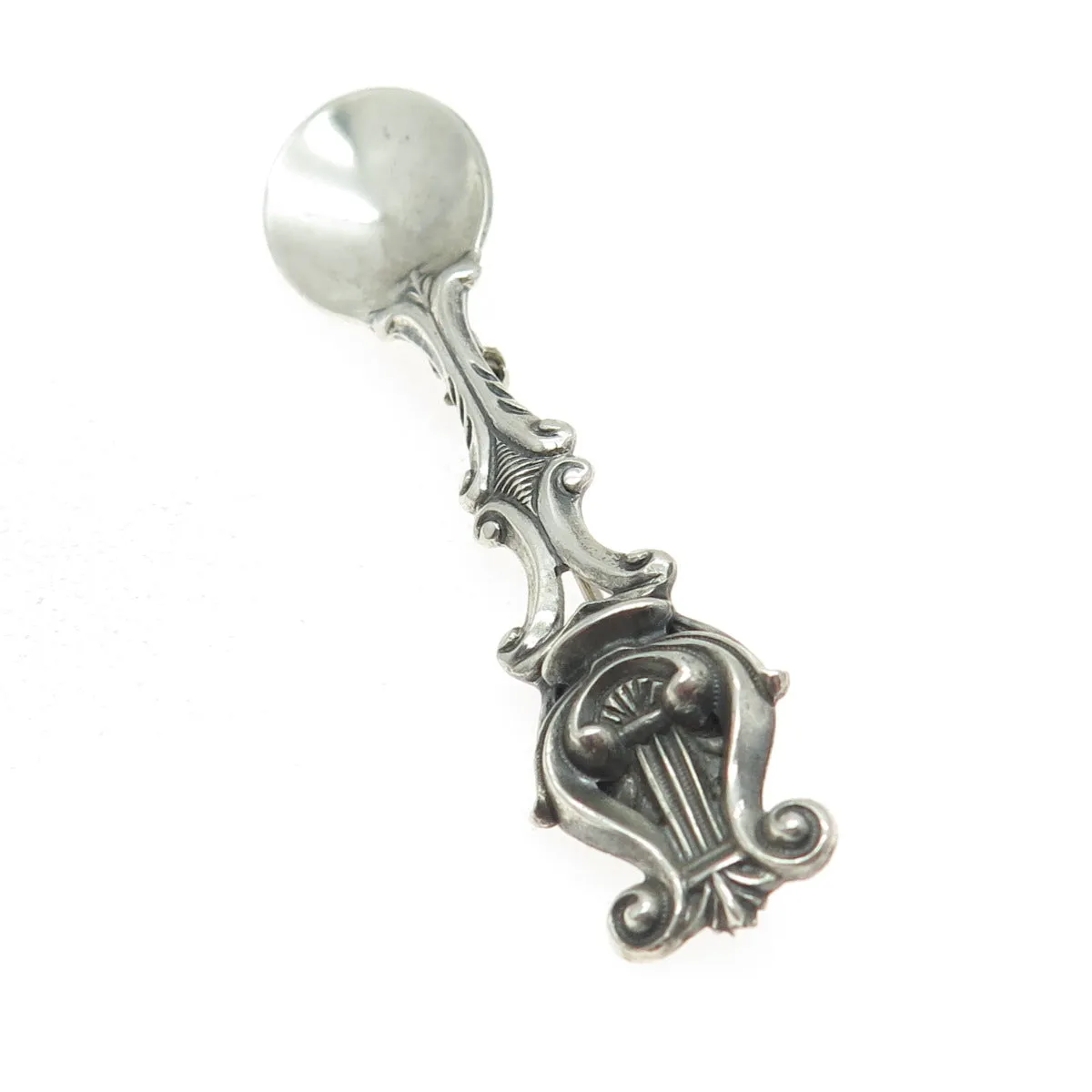 925 Sterling Silver Antique Art Deco Harp Repousse Salt & Spices Spoon Brooch