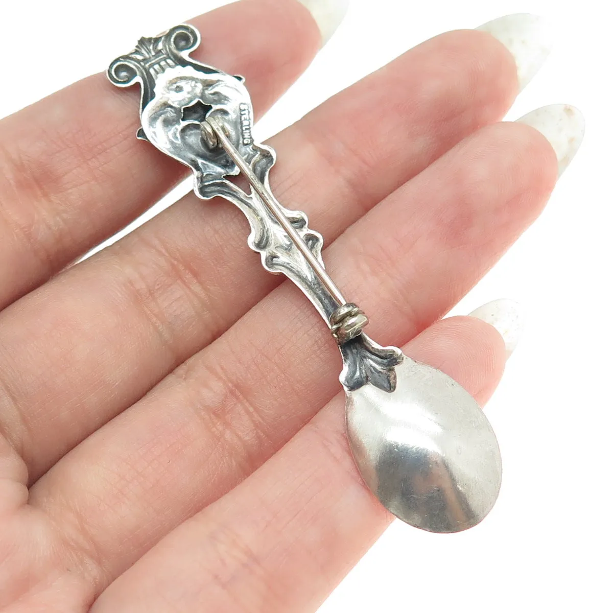925 Sterling Silver Antique Art Deco Harp Repousse Salt & Spices Spoon Brooch