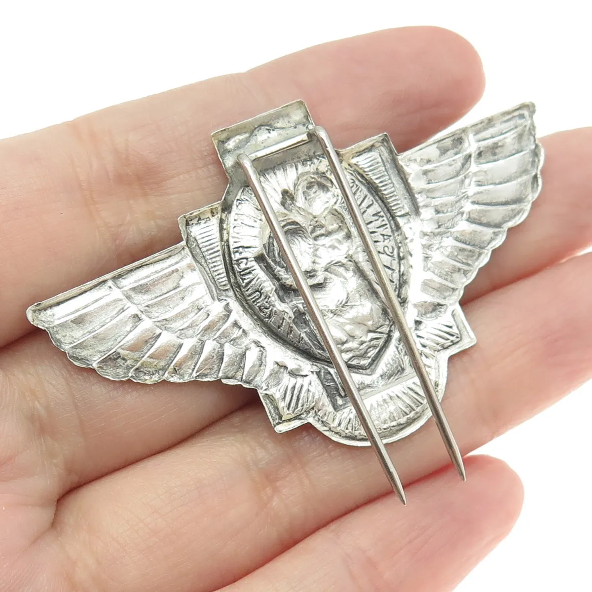 925 Sterling Silver Antique Art Deco Saint Christopher Angel Wings Collar Pin