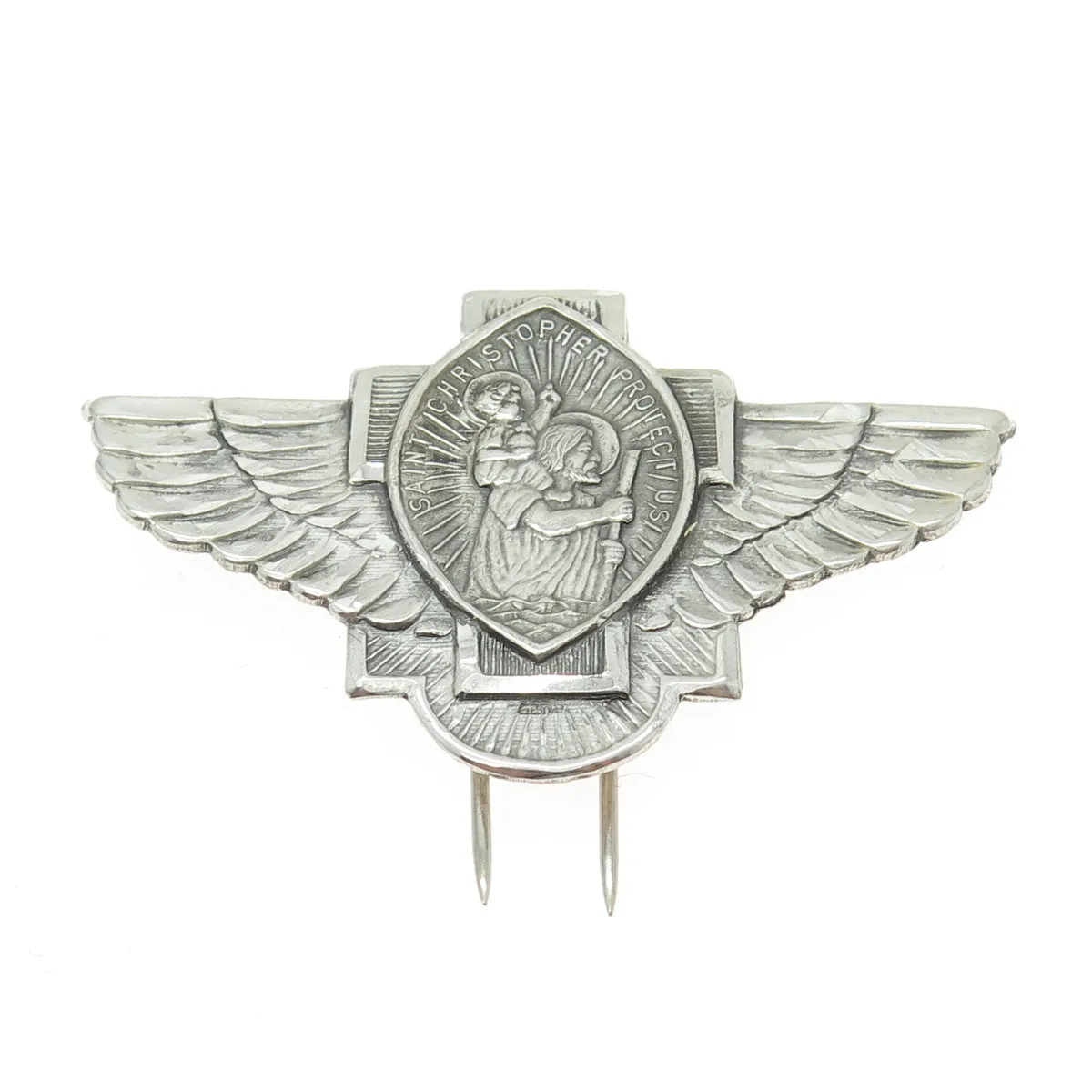 925 Sterling Silver Antique Art Deco Saint Christopher Angel Wings Collar Pin