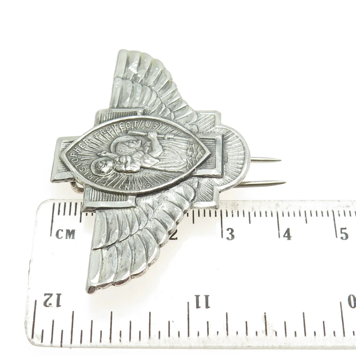 925 Sterling Silver Antique Art Deco Saint Christopher Angel Wings Collar Pin