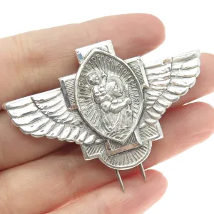 925 Sterling Silver Antique Art Deco Saint Christopher Angel Wings Collar Pin