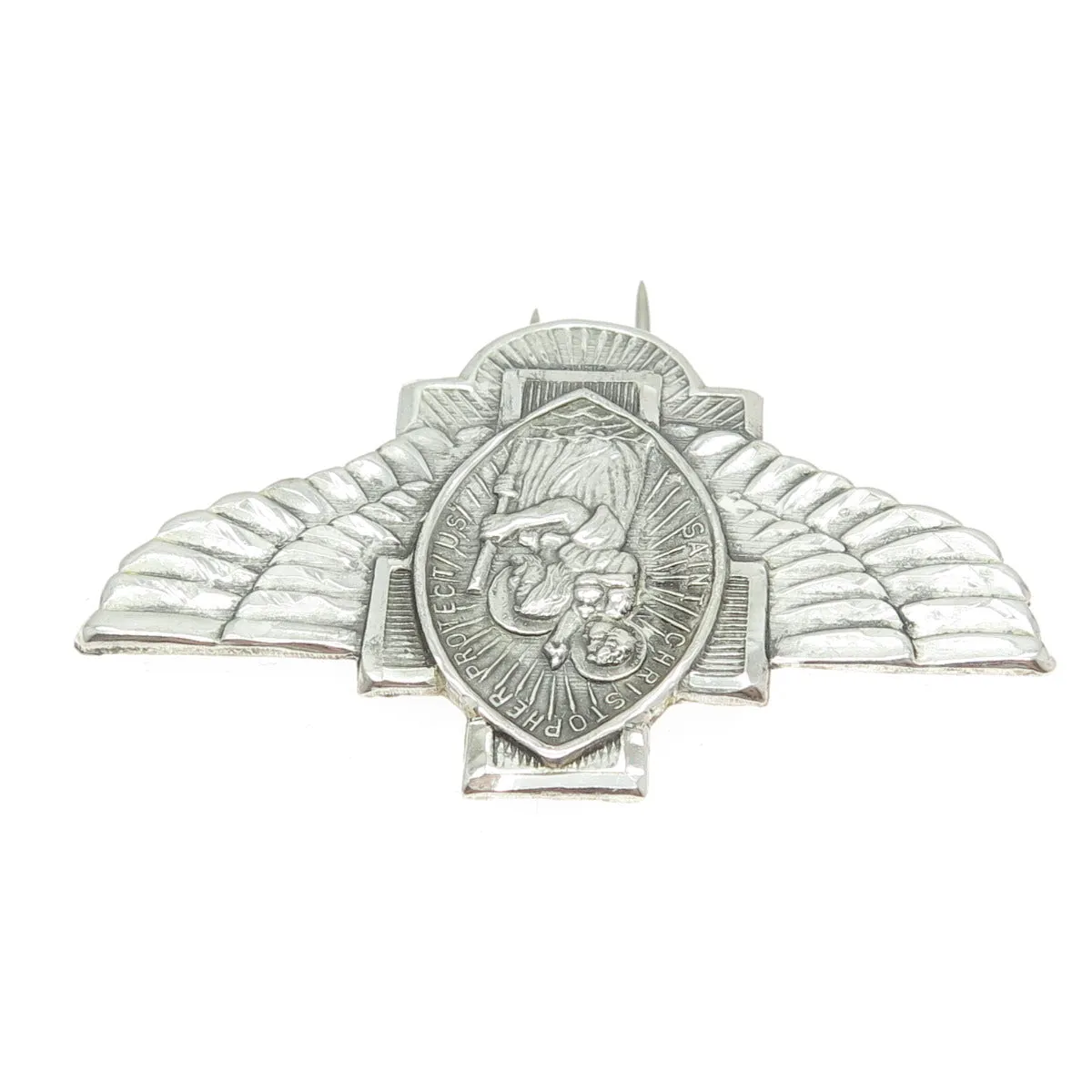 925 Sterling Silver Antique Art Deco Saint Christopher Angel Wings Collar Pin