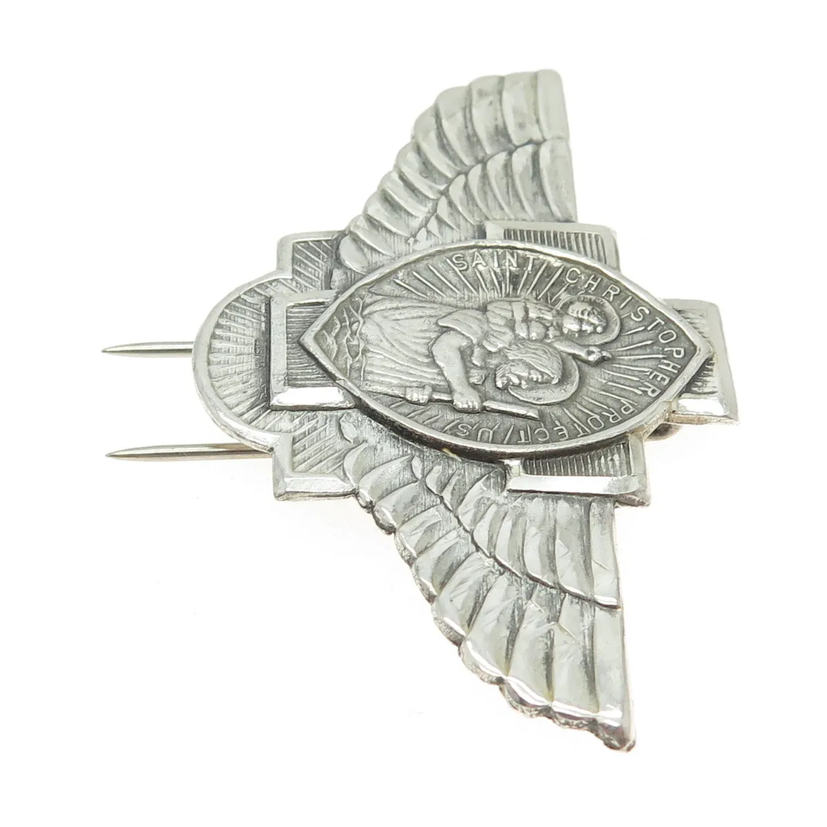 925 Sterling Silver Antique Art Deco Saint Christopher Angel Wings Collar Pin