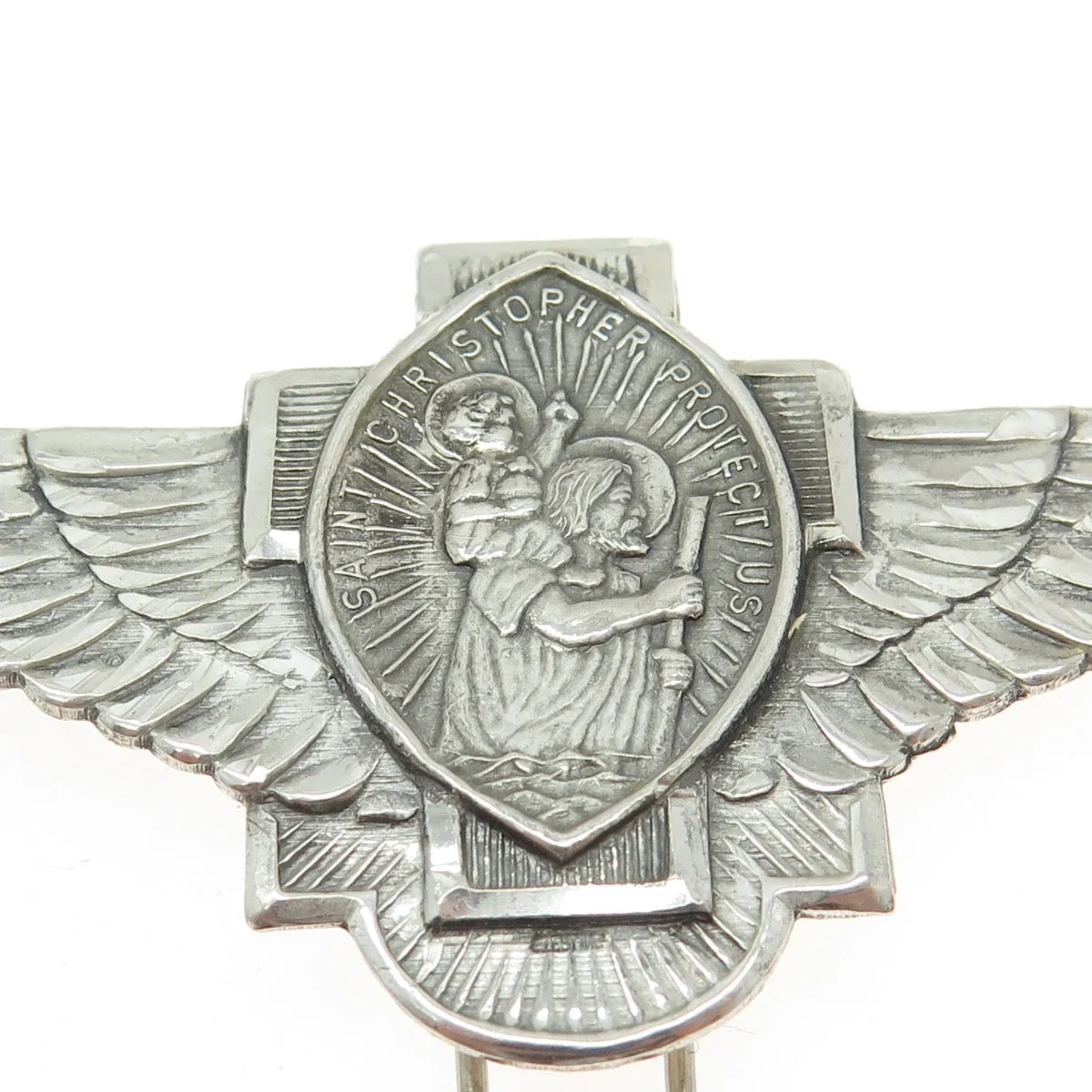 925 Sterling Silver Antique Art Deco Saint Christopher Angel Wings Collar Pin