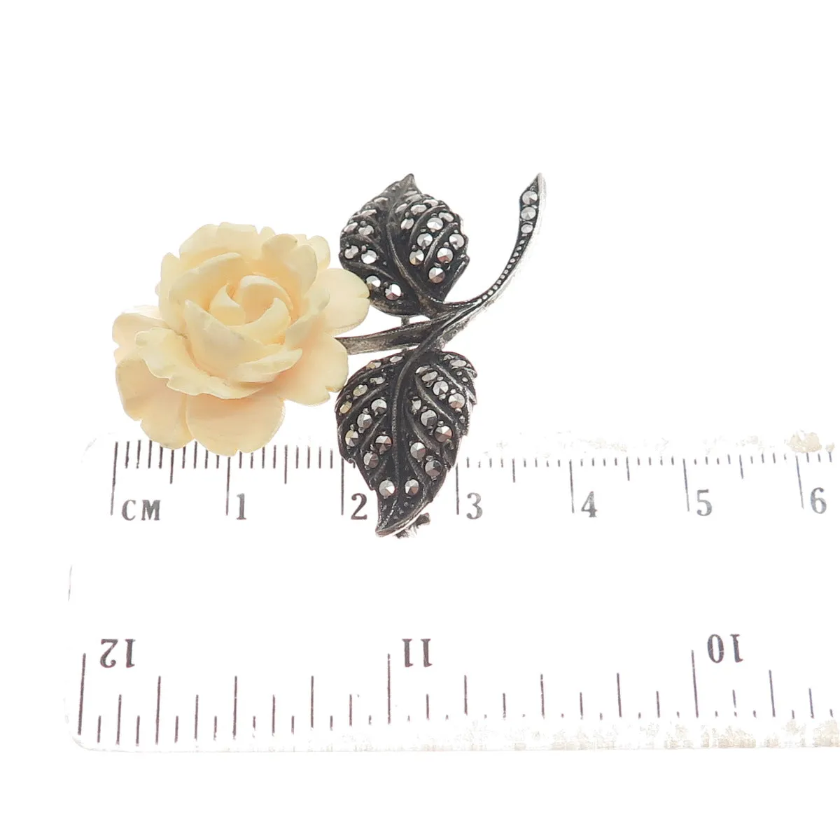 925 Sterling Silver Antique Germany Marcasite Gem Rose Flower Oxidized Brooch