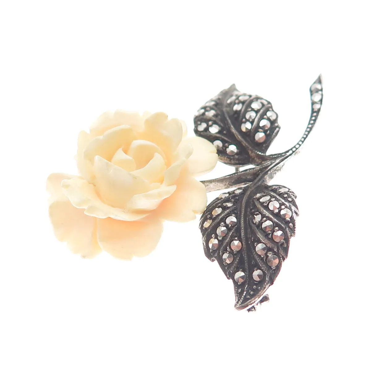 925 Sterling Silver Antique Germany Marcasite Gem Rose Flower Oxidized Brooch