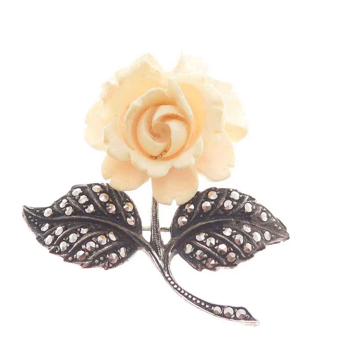 925 Sterling Silver Antique Germany Marcasite Gem Rose Flower Oxidized Brooch