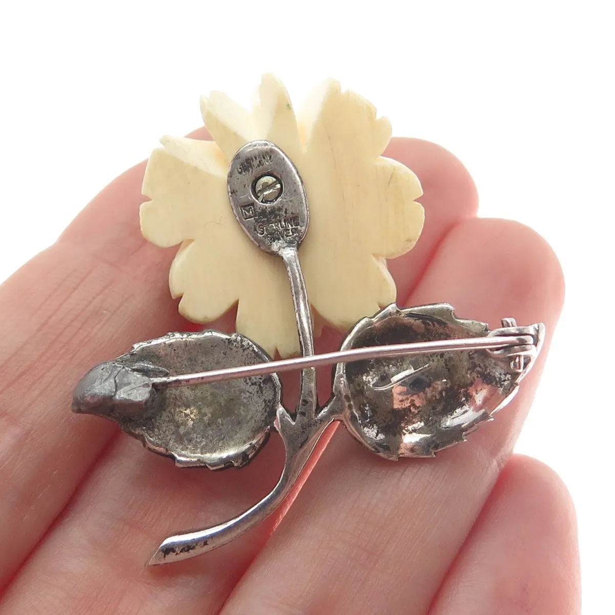 925 Sterling Silver Antique Germany Marcasite Gem Rose Flower Oxidized Brooch