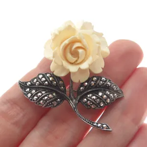 925 Sterling Silver Antique Germany Marcasite Gem Rose Flower Oxidized Brooch
