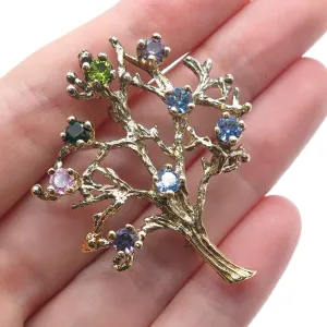 925 Sterling Silver Gold Plated Vintage Real Multi-Color Gem Tree of Life Brooch