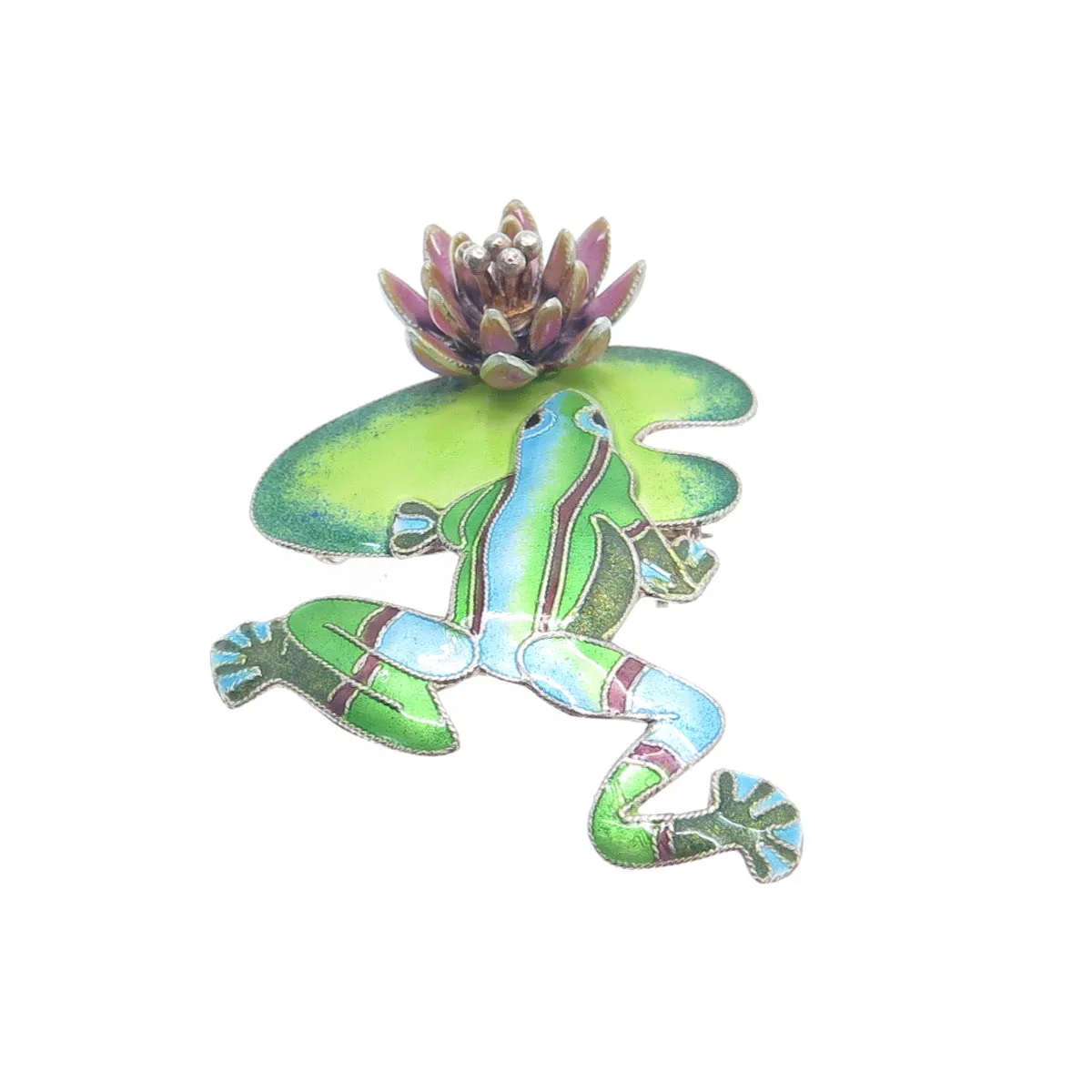 925 Sterling Silver Vintage Enamel Modernist Frog & Flower Pin Brooch