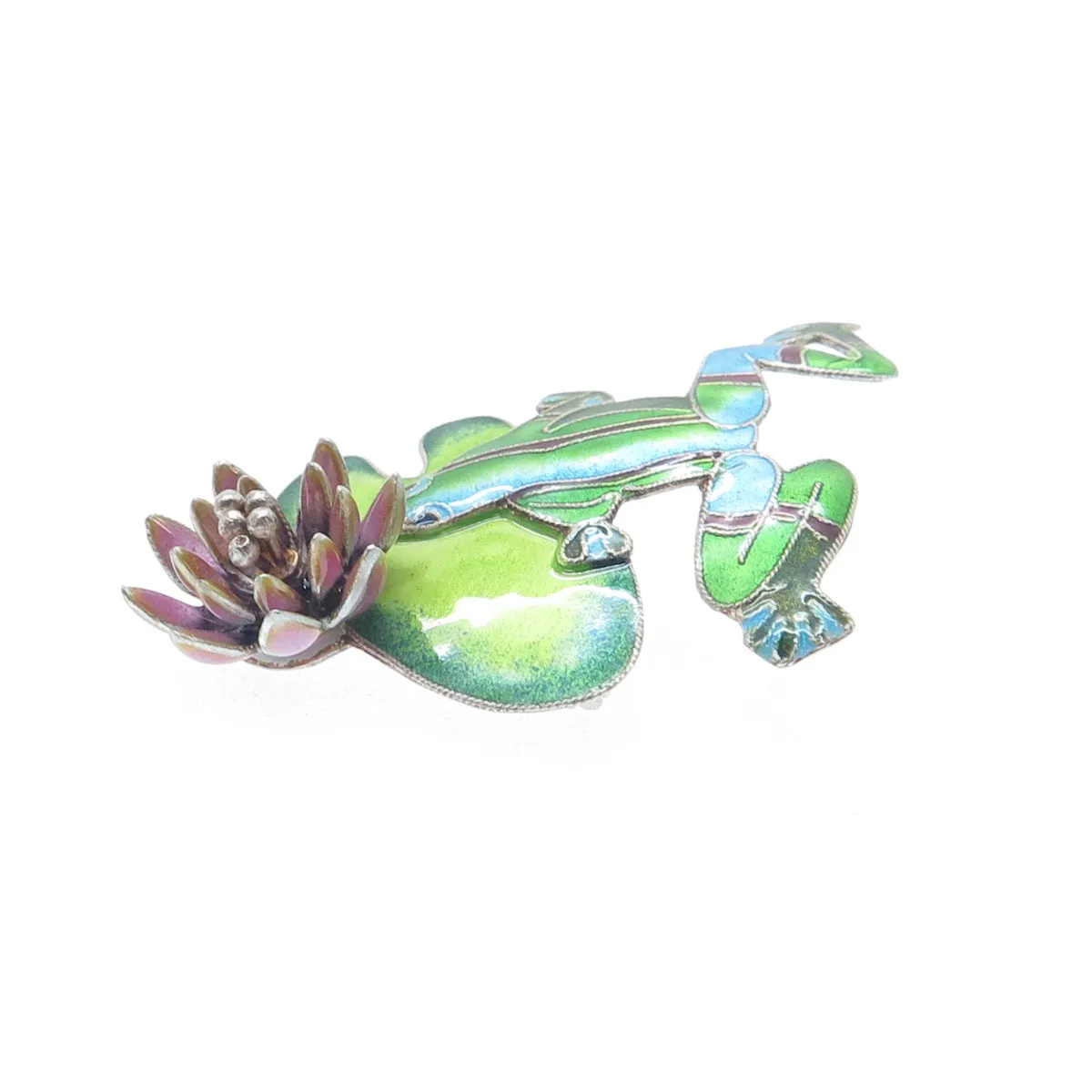 925 Sterling Silver Vintage Enamel Modernist Frog & Flower Pin Brooch