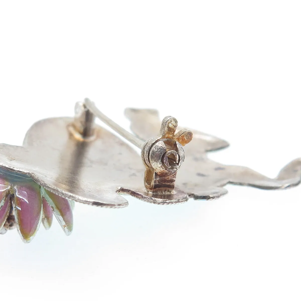 925 Sterling Silver Vintage Enamel Modernist Frog & Flower Pin Brooch