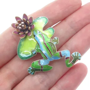 925 Sterling Silver Vintage Enamel Modernist Frog & Flower Pin Brooch
