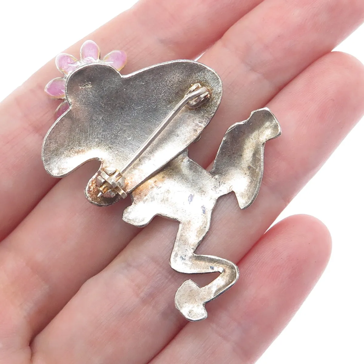 925 Sterling Silver Vintage Enamel Modernist Frog & Flower Pin Brooch