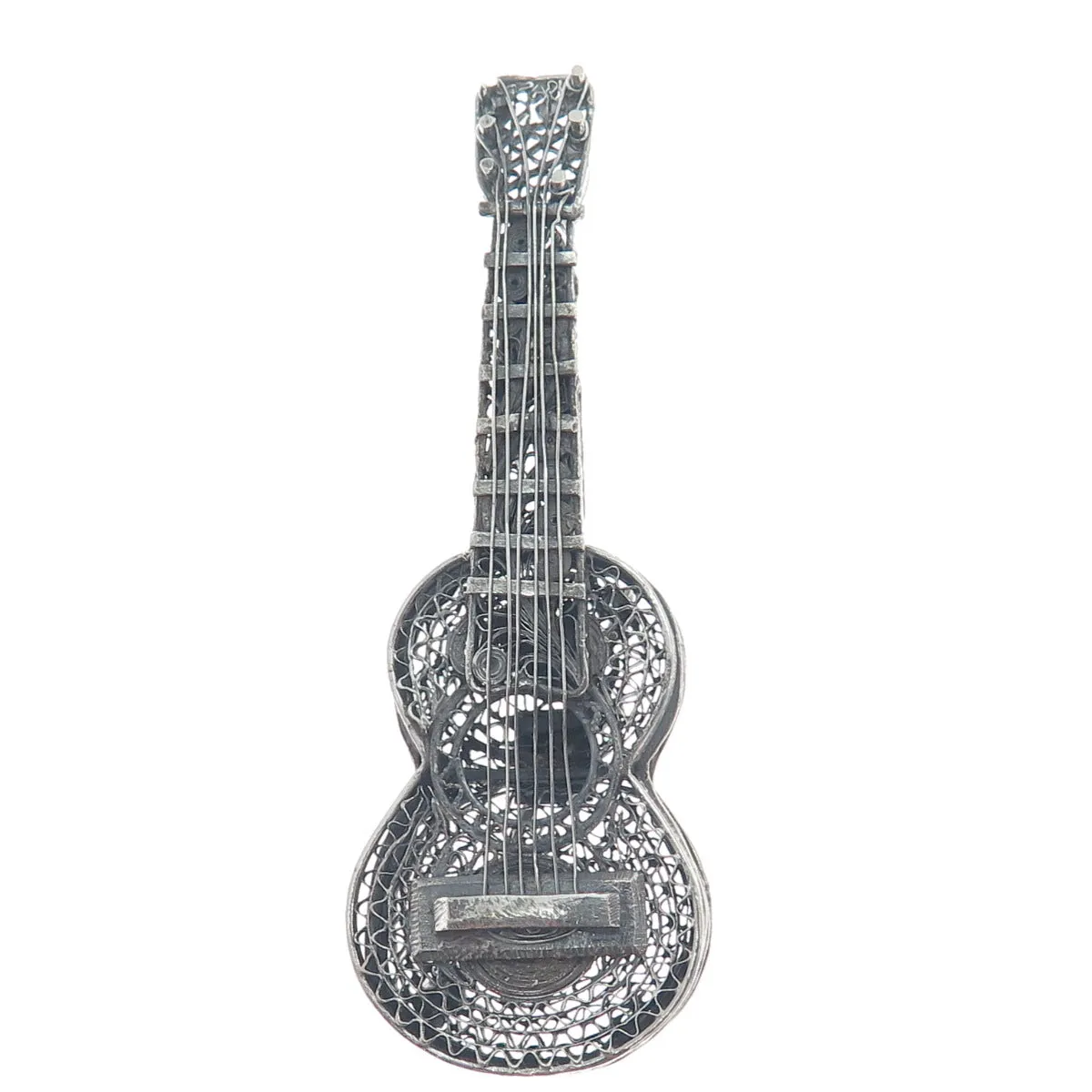 925 Sterling Silver Vintage Mexico Guitar Filigree Oxidized Pin Brooch