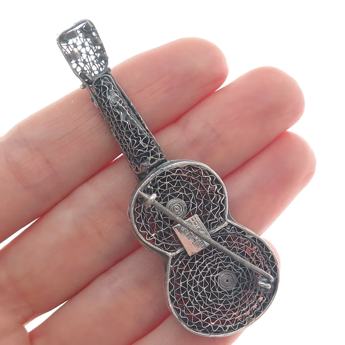 925 Sterling Silver Vintage Mexico Guitar Filigree Oxidized Pin Brooch