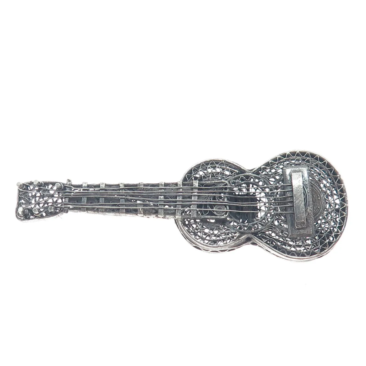 925 Sterling Silver Vintage Mexico Guitar Filigree Oxidized Pin Brooch