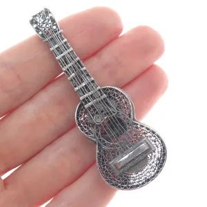 925 Sterling Silver Vintage Mexico Guitar Filigree Oxidized Pin Brooch